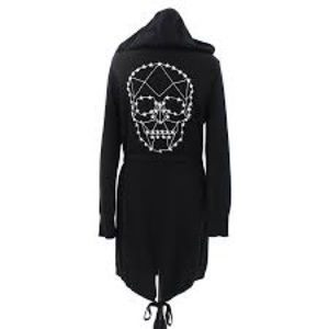Skull Cashmere black hooded cardigan with embroidered skull. Fits loose.
